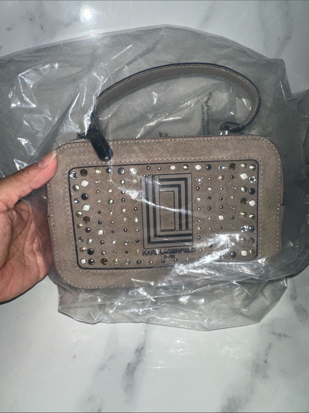 Karl Lagerfeld Taupe Studded Wristlet Clutch